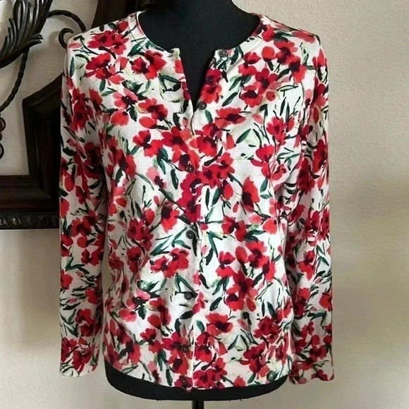 Lands' End Sweaters - Land’s End Women’s Crewneck Cardigan Red Green Black Pink Floral Size M/P 10-12